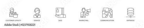 CRM icon set flow process which consists of customer loyalty, service, sale, marketing, communication, and database icon live stroke and easy to edit .