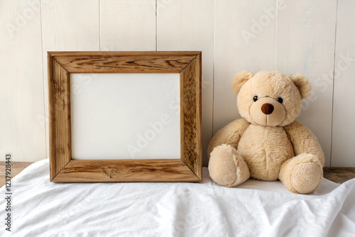 Rustic Wooden Frame and Soft Teddy Bear Creating a Cozy Home Decor Setting