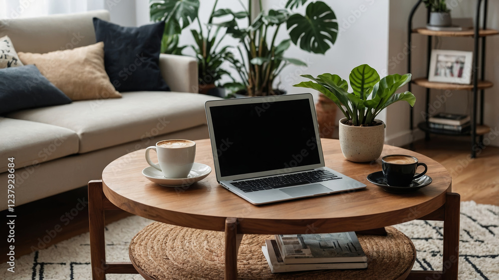 Fototapeta premium Cozy home office setup with plants and coffee on a wooden table in a bright living room