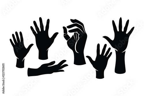 A vector silhouette set of hands raised in various positions, showcasing diverse gestures and expressions