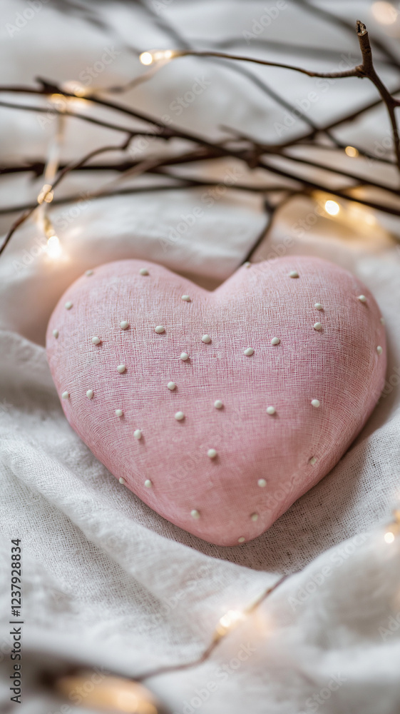 Obraz premium Nestled gently on a bed of soft fabric, a delicate pink heart-shaped object captures attention with its charming details. 