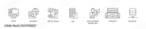 Cross media icon set flow process which consists of print, internet, social media, app, multichannel marketing, webshop and database icon live stroke and easy to edit .