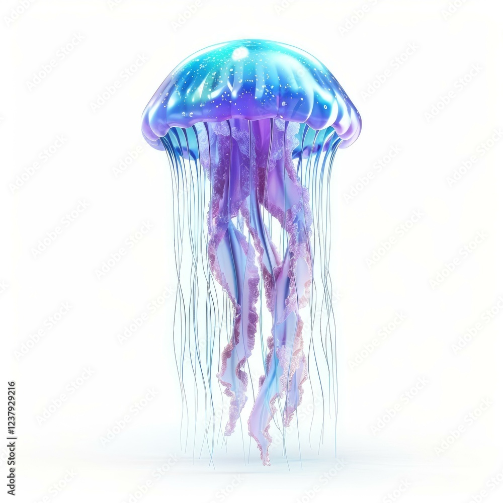 Purple and blue jellyfish with long tentacles floating gracefully against a bright white backdrop Purple and blue jellyfish with long tentacles floating gracefully against a bright white backdrop