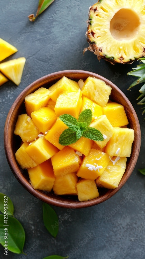 A vibrant bowl of tropical fruit salad featuring juicy mango and pineapple, garnished with fresh mint, perfect for a sunny day outdoors or a light snack at home A vibrant bowl of tropical fruit salad featuring juicy mango and pineapple, garnished with fresh mint, perfect for a sunny day outdoors or a light snack at home