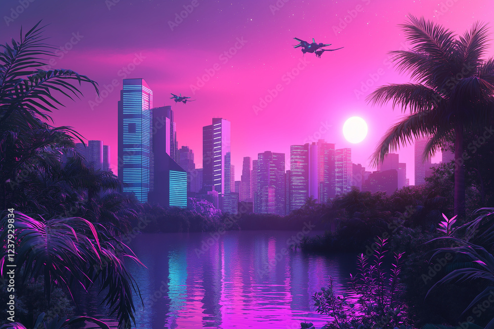 Fototapeta premium Cyberpunk night city skyline