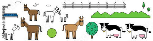 可愛い馬と牛の牧場のセットイラスト