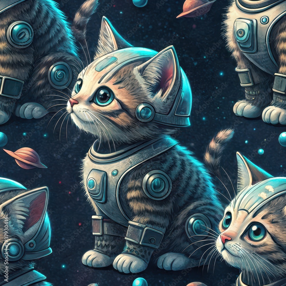 Fototapeta Adorable Kittens in Futuristic Astronaut Suits Exploring Space Galaxy Background