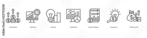 Patterns Icon Sheet Competitive, Real Time, Improve, Dashboard, Financial Report, Innovation , Profit Growth