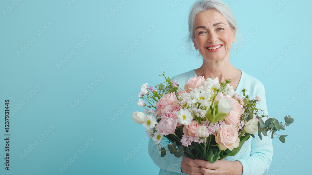 In a bright and cheerful setting, an elegant adult woman smiles warmly while holding a stunning bouquet filled with pastel-colored flowers. In a bright and cheerful setting, an elegant adult woman smiles warmly while holding a stunning bouquet filled with pastel-colored flowers.