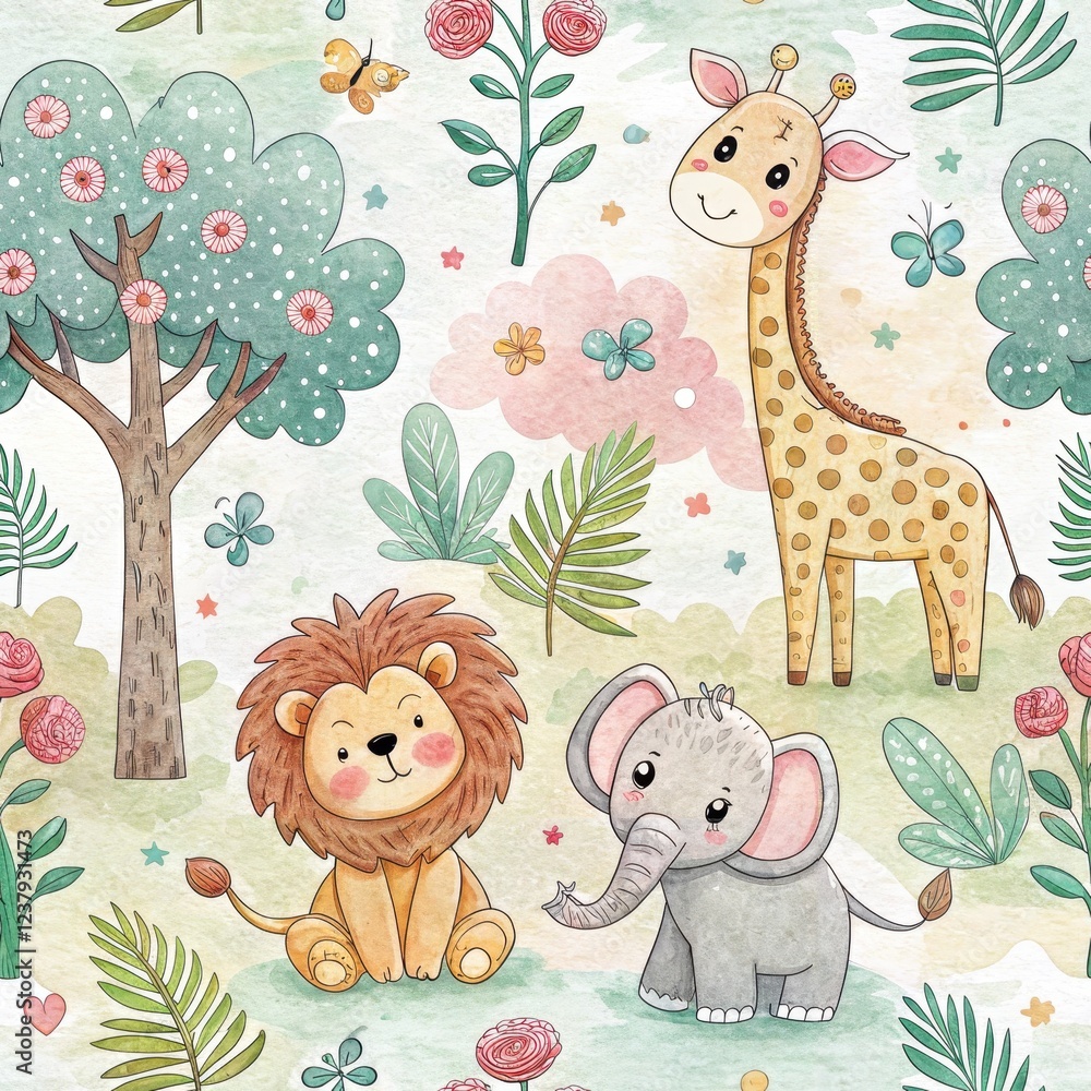 Naklejka premium Adorable Watercolor Safari Animals Lion Elephant Giraffe in Lush Garden