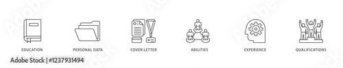 Curriculum vitae icon set flow process which consists of education, personal data, cover letter, abilities, experience and qualifications icon live stroke and easy to edit .