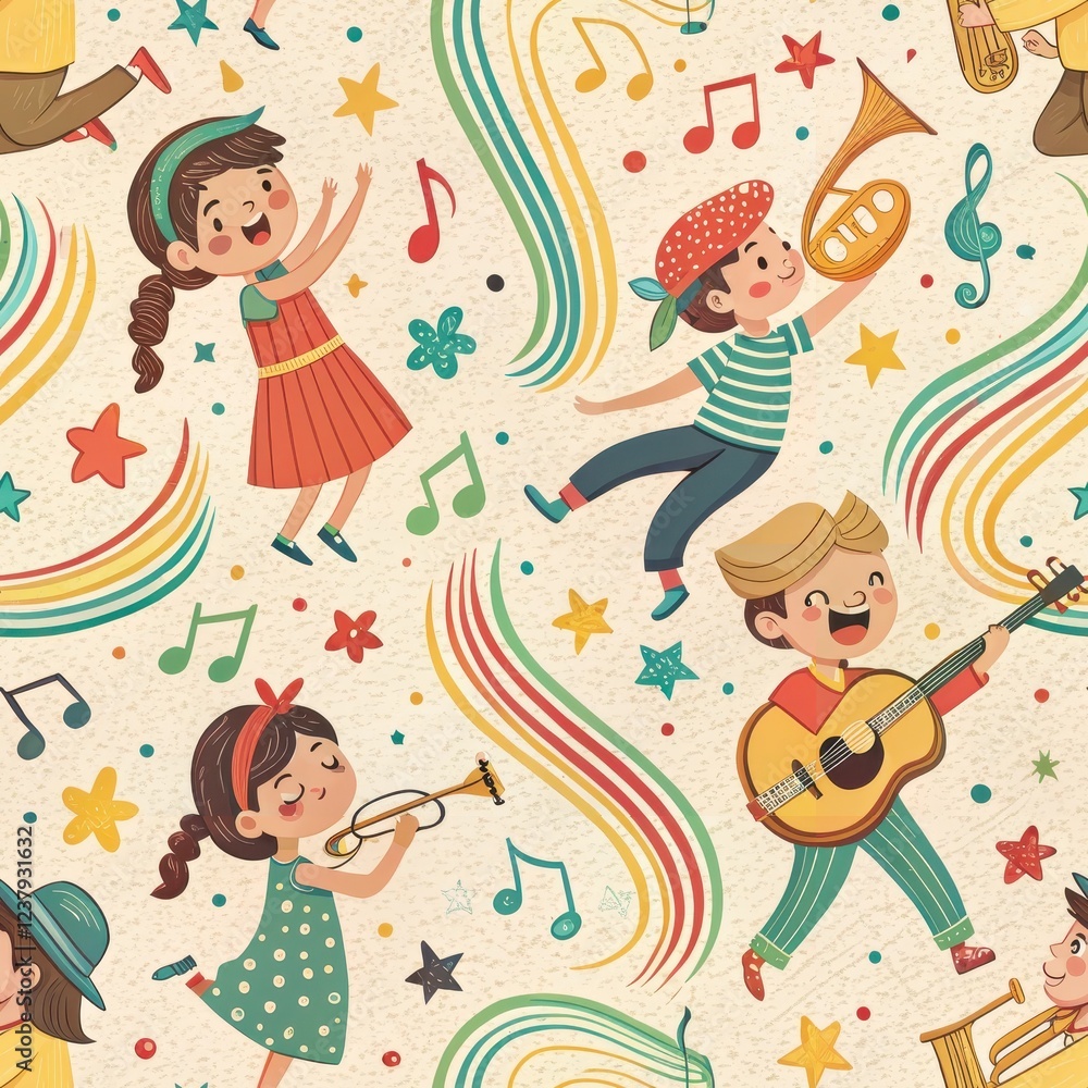 Joyful Children Playing Musical Instruments Colorful Rainbow Design Seamless Pattern Joyful Children Playing Musical Instruments Colorful Rainbow Design Seamless Pattern