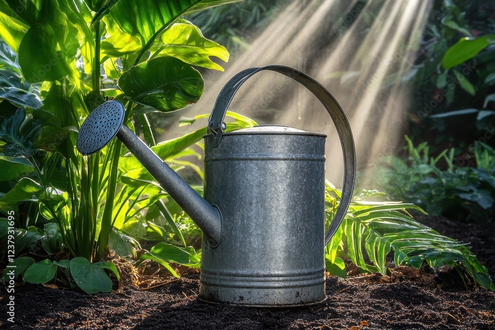 Metal Watering Can in Lush Green Garden with Sunlight Beams Metal Watering Can in Lush Green Garden with Sunlight Beams