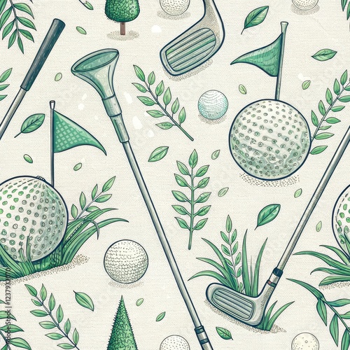 Seamless Golf Pattern Clubs Balls Flags and Lush Greens Illustration