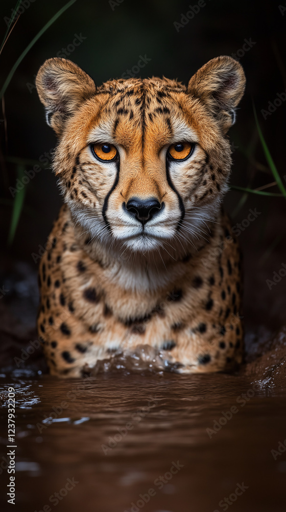 Fototapeta premium A leopard crouching in the water, its eyes focused and intense, blending seamlessly with its surroundings. The scene captures the power and stealth of the predator in a natural, wild setting