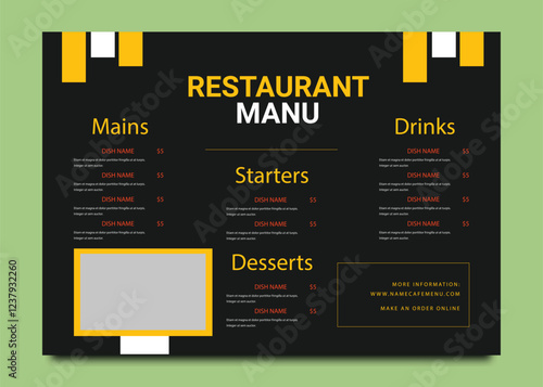 Modern fast food menu design template for restaurant and café on dark chalkboard. food trifold menu brochure