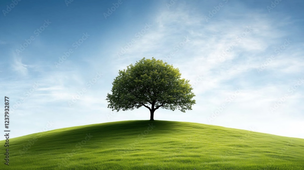 Obraz premium Lone tree on a green hill under a clear blue sky with soft clouds. Tranquility and environmental inspiration.