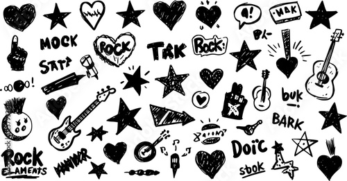 Hand drawn rock punk music star grunge heart doodle icon element set. Crayon brush stroke hand drawn line sketch style doodle rock punk star, heart shape. Crayon scribble music vector illustration