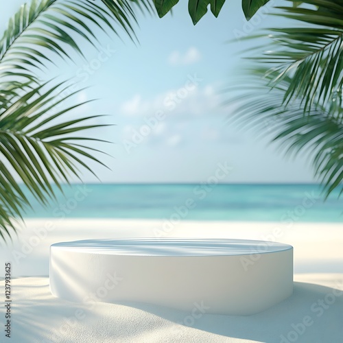 Empty White Podium in Tropical Sand - Professional Event Display Stand