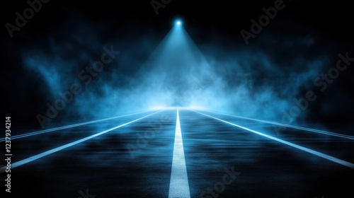 Foggy road with dramatic blue lighting and glowing centerline at night. Mysterious travel and transportation concept. photo