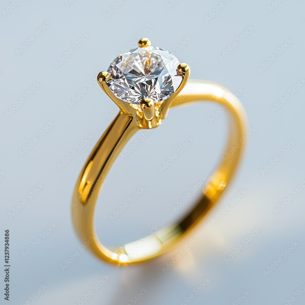 A gold engagement ring with a sparkling diamond, placed on a clean white background for Saint Valentines Day A gold engagement ring with a sparkling diamond, placed on a clean white background for Saint Valentines Day