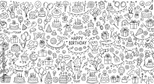 Birthday doodle icon element. Hand drawn sketch doodle birthday cake, balloon, event decoration element. Party, carnival celebration concept background. Vector illustration