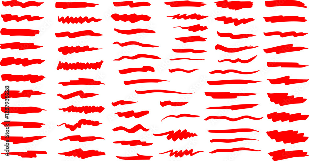 Red marker underline brush stroke set. Marker red pen highlights squiggle stroke. Vector swoosh brush handwritten underline set for accent, pencil emphasis element. Vector illustration Red marker underline brush stroke set. Marker red pen highlights squiggle stroke. Vector swoosh brush handwritten underline set for accent, pencil emphasis element. Vector illustration