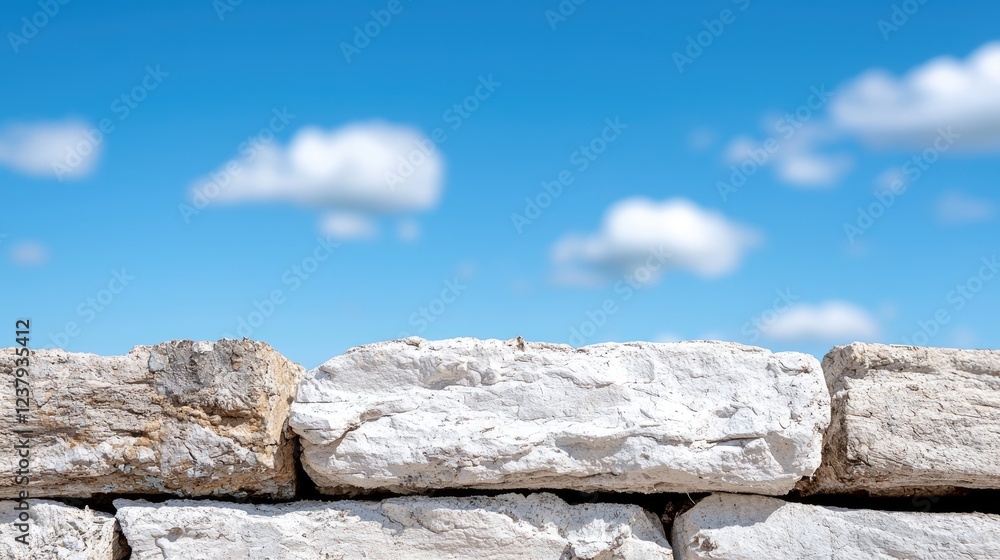 Stone wall against a blue sky with fluffy clouds; nature backdrop Stone wall against a blue sky with fluffy clouds; nature backdrop
