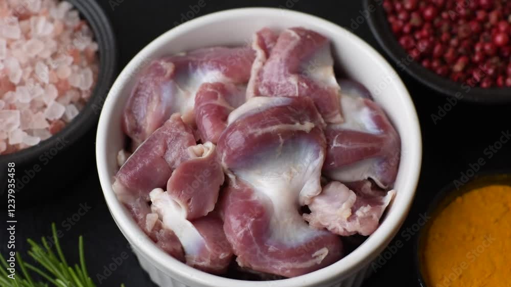 Raw chicken or turkey gizzards with salt, spices and herbs on a textured concrete background Raw chicken or turkey gizzards with salt, spices and herbs on a textured concrete background