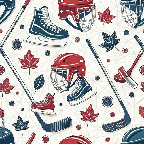 Seamless Pattern Hockey Equipment Skates Helmets Sticks and Maple Leaves