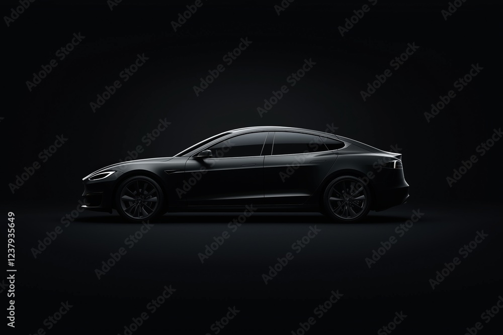 Black electric car in a minimalistic side profile view on a dark background. Futuristic automotive design and eco-transportation concept. Black electric car in a minimalistic side profile view on a dark background. Futuristic automotive design and eco-transportation concept.