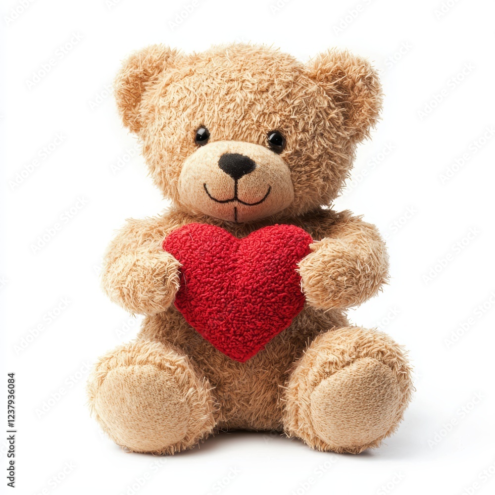 Fototapeta premium A teddy bear holding a small red heart, isolated on white background for Saint Valentines Day