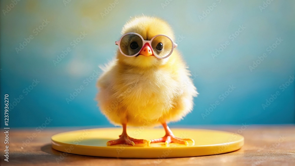 A fluffy yellow chick, wearing oversized spectacles, stands serenely on a vibrant yellow circular platform against a tranquil blue backdrop. A fluffy yellow chick, wearing oversized spectacles, stands serenely on a vibrant yellow circular platform against a tranquil blue backdrop.
