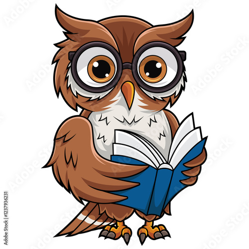 Cartoon owl bird wearing glasses reading a book