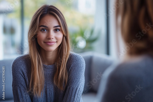 Free Download A young woman sitting with a therapist, gently smiling, in a calm and peaceful therapy setting, reflecting a positive, open conversation. - GFXLoad