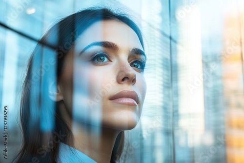 Thoughtful Woman Gazing Through Glass in Urban Setting