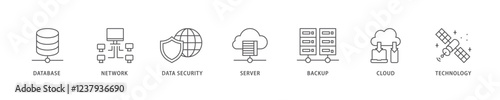 Data center icon set flow process which consists of database, network, data security, server, backup, cloud and technology icon live stroke and easy to edit .