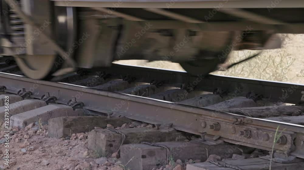 A closeup view of train wheels moving on old bending railroad tracks with old wooden sleepers section at sunny summer day A closeup view of train wheels moving on old bending railroad tracks with old wooden sleepers section at sunny summer day