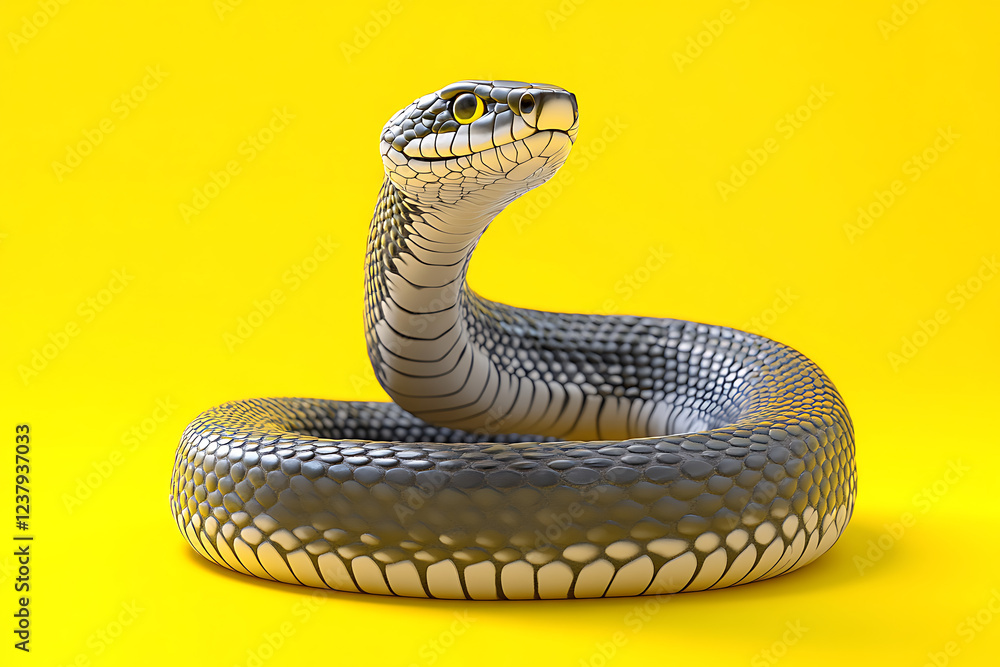 Fototapeta premium snake on a yellow background, snake on a blank yellow background, a snake, snake, cute snake, yellow background, copy space for add text, 3d rendering, 3d, vector, AI generative