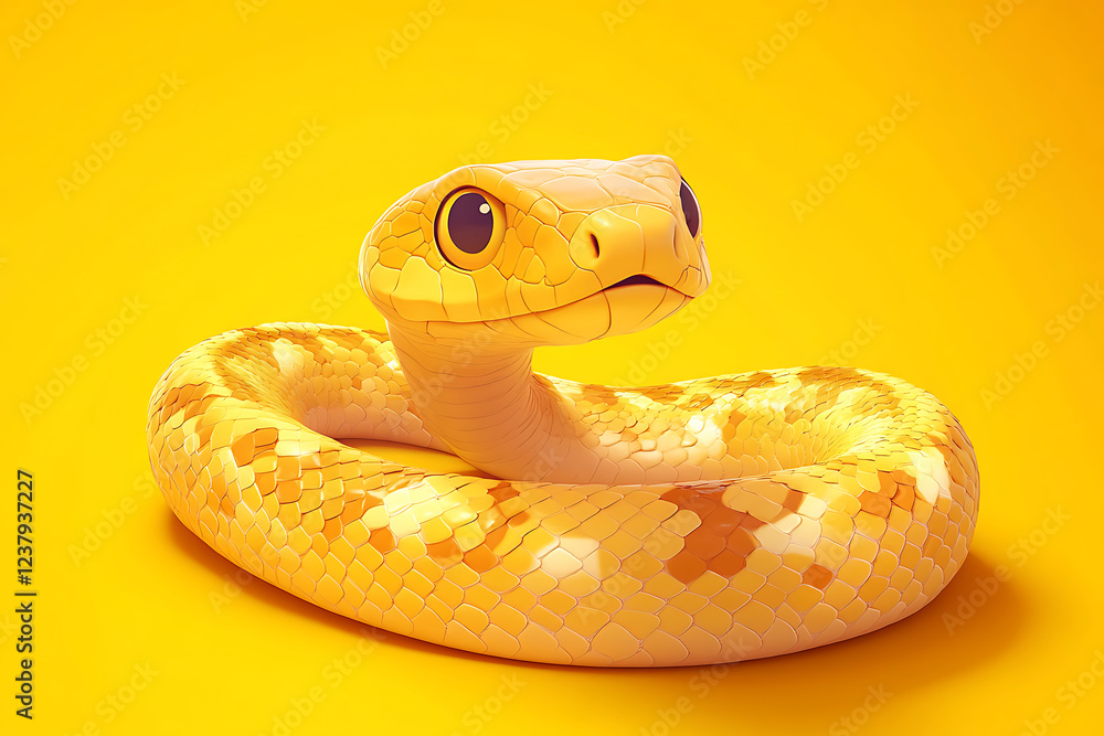Fototapeta premium snake on a yellow background, snake on a blank yellow background, a snake, snake, cute snake, yellow background, copy space for add text, 3d rendering, 3d, vector, AI generative