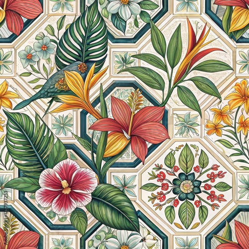 Vibrant Tropical Floral Pattern with Birds Exotic Flowers and Geometric Tile Design