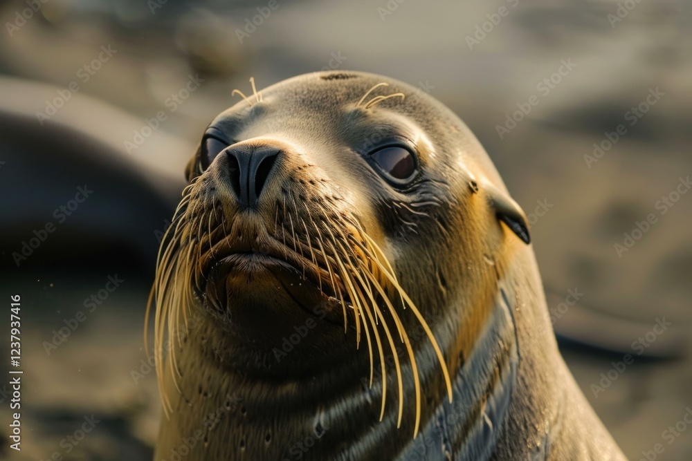 Obraz premium Close up of a galapagos sea lion enjoying the sunset on a sandy beach