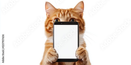 A cat is holding a tablet with a white screen