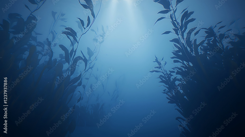 Naklejka premium Underwater view of serene kelp forest with soft light filtering through