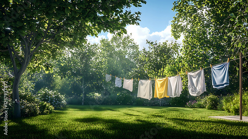 Fresh laundry hanging on outdoor clothesline in sunny garden