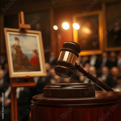 Gavel rests at auction, painting displayed in background with blurred audience, suggesting art sale or legal context.