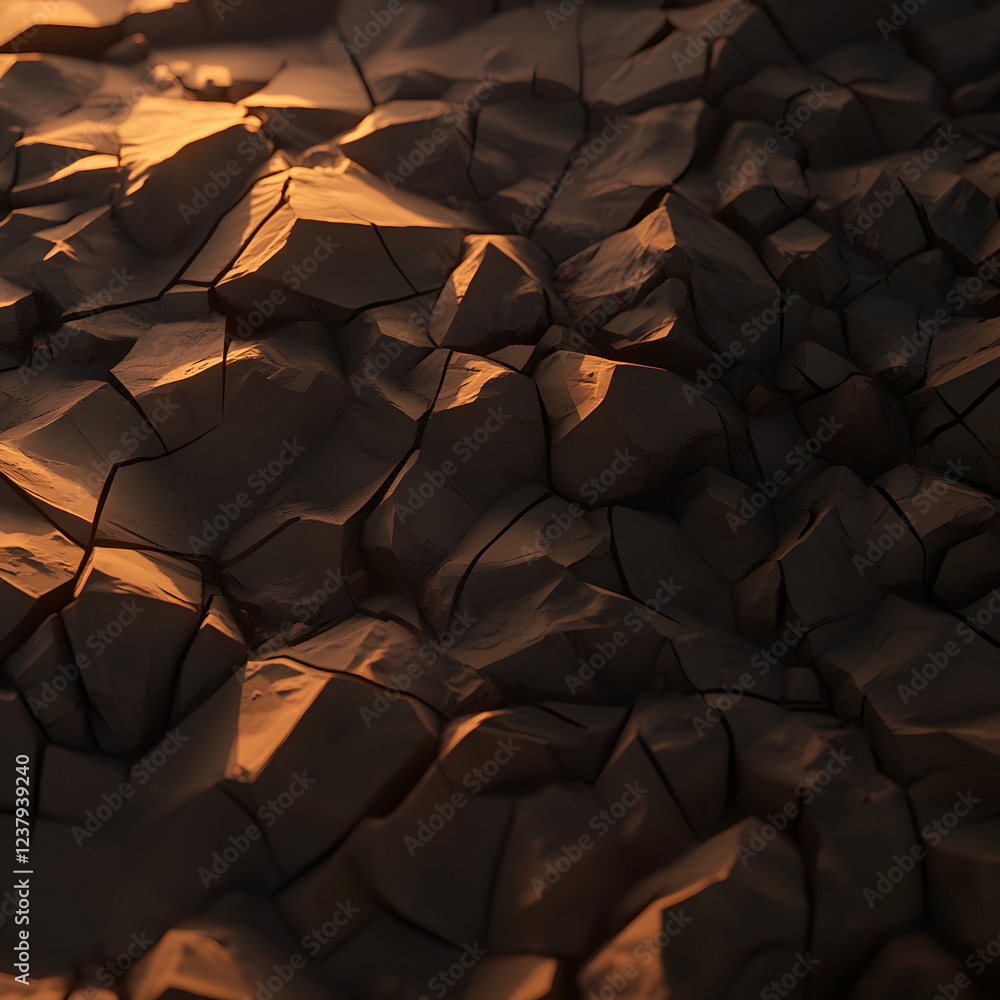 Fototapeta premium Close-up of dry, cracked earth under strong, warm lighting, creating a textured, arid landscape.