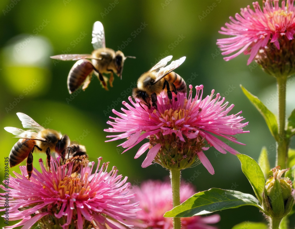 Close-up of bees pollinating flowers in a vibrant garden. Soft sunlight highlights the intricate details of each petal as the bees buzz from bloom to bloom, symbolizing renewal and harmony in nature. Close-up of bees pollinating flowers in a vibrant garden. Soft sunlight highlights the intricate details of each petal as the bees buzz from bloom to bloom, symbolizing renewal and harmony in nature.