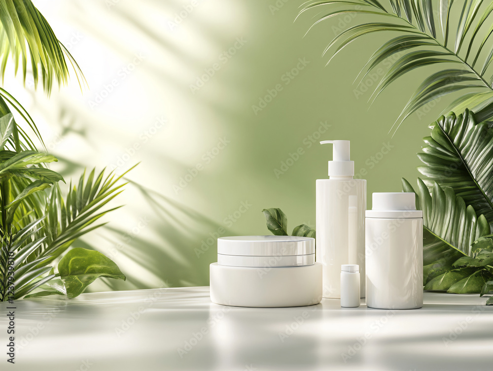 Set Different of cosmetic bottles of cream or lotion on green background. Set Different of cosmetic bottles of cream or lotion on green background.