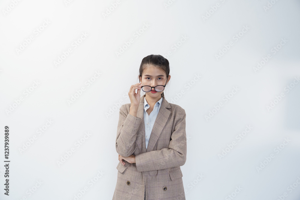 Portrait of Asian businesswoman standing holding glasses in white studio.background